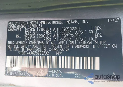 2007 Toyota Sequoia Sr5 V8 from USA, damaged, VIN 5TDBT44A67S290732